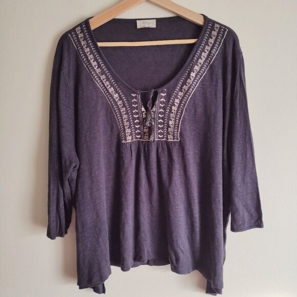 Wrap London Linen Blouse US 18 Relaxed Fit Gray Peasant Top w Embroidery - Picture 8 of 8